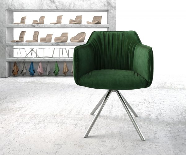 Otočná židle Elda-Flex s područkami Velvet Green Cross Base Round Stainless Steel 180° Swivel - Image 2
