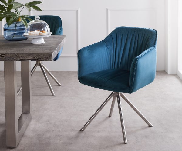Otočná židle Elda-Flex s područkami Velvet Blue Cross Base Round Stainless Steel 180° Swivel