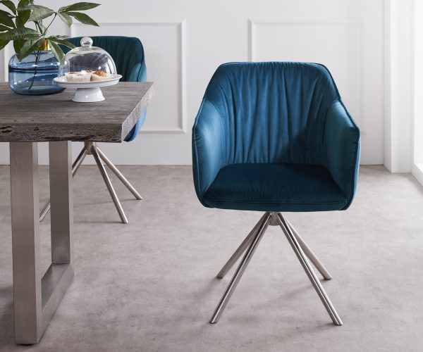 Otočná židle Elda-Flex s područkami Velvet Blue Cross Base Round Stainless Steel 180° Swivel - Image 2