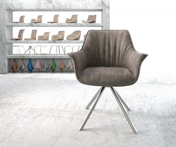 Otočná židle Keila-Flex s područkou taupe vintage křížová podnož kulatá otočná z nerezové oceli - Image 2