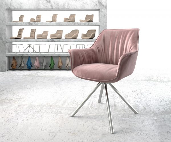 Otočná židle Keila-Flex s područkami Velvet Rosé Křížová základna kulatá nerezová ocel otočná o 180°