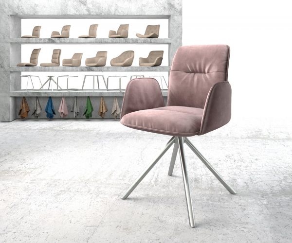 Otočná židle Vinja-Flex s područkami Velvet Rosé Křížová základna kulatá nerezová ocel otočná o 180°