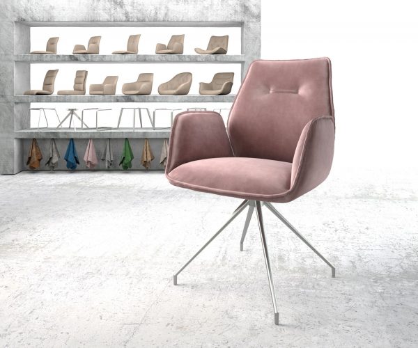 Otočná židle Zoa-Flex s područkami Velvet Rosé Křížový rám Kuželová nerezová ocel Otočná o 180°
