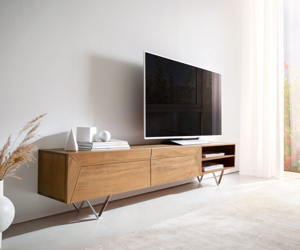 TV stolek Kayu 160 cm přírodní akácie 2 dvířka podnož ve tvaru "V"