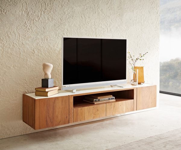 TV stolek Secara 175 cm přírodní akácie 2 dvířka 2 šuplíky mramor závěsný
