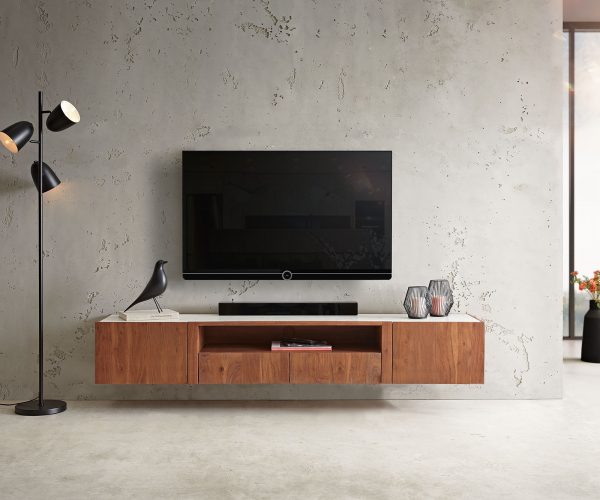 TV stolek Secara 200 cm akácie hnědá 2 dvířka 2 zásuvky mramor závěsné