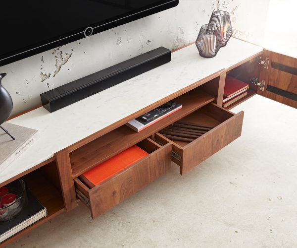 TV stolek Secara 200 cm akácie hnědá 2 dvířka 2 zásuvky mramor závěsné - Image 5