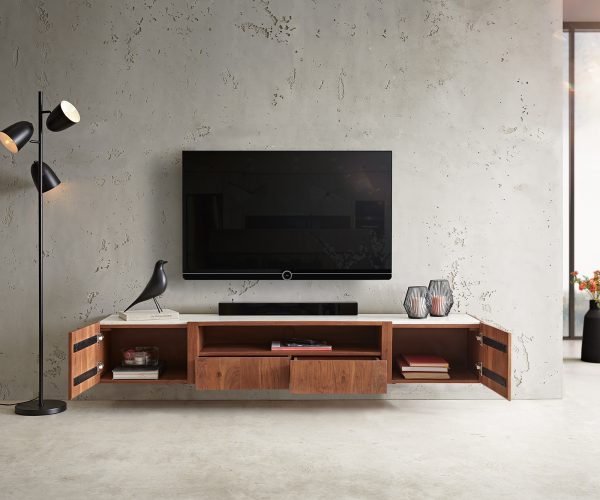 TV stolek Secara 200 cm akácie hnědá 2 dvířka 2 zásuvky mramor závěsné - Image 4