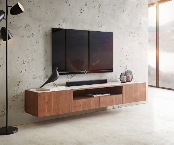 TV stolek Secara 200 cm akácie hnědá 2 dvířka 2 zásuvky mramor závěsné - Image 2