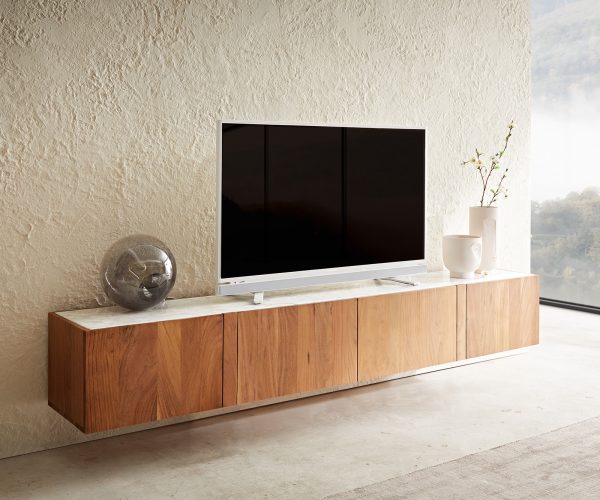 TV stolek Secara 200 cm akácie přírodní 4 dvířka mramor závěsné