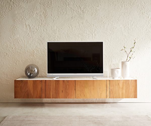 TV stolek Secara 200 cm akácie přírodní 4 dvířka mramor závěsné - Image 2