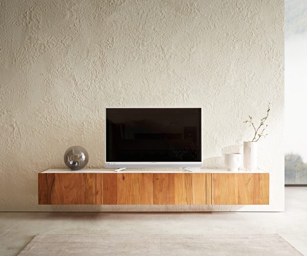 TV stolek Secara 220 cm akácie přírodní 4 dvířka mramor závěsné - Image 2