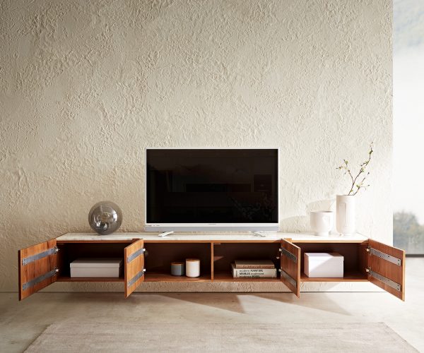 TV stolek Secara 220 cm akácie přírodní 4 dvířka mramor závěsné - Image 5