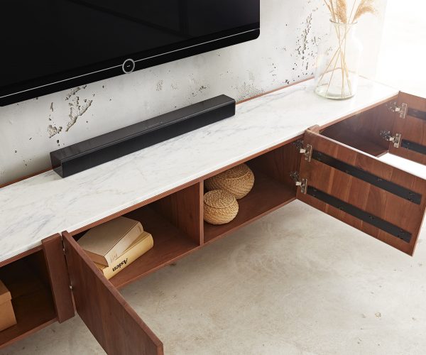 TV stolek Secara 220 cm akácie hnědá 4 dvířka mramor závěsné - Image 5