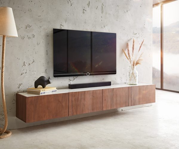 TV stolek Secara 220 cm akácie hnědá 4 dvířka mramor závěsné - Image 2