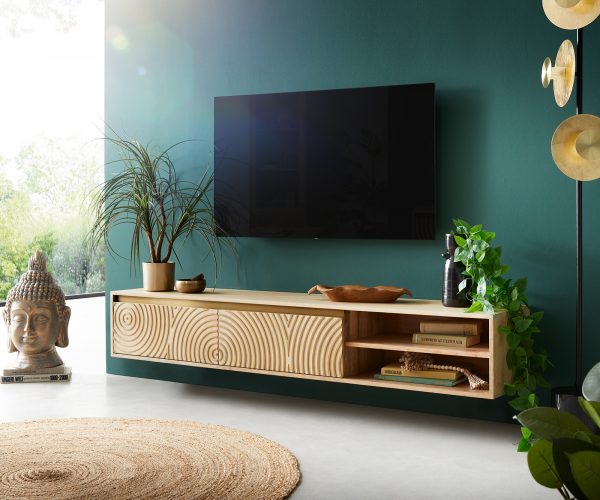 TV stolek Budaya mango přírodní 175 cm 2 dvířka 2 přihrádky závěsné