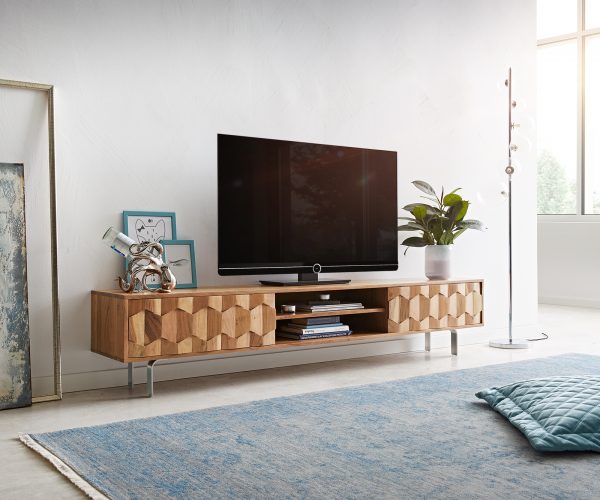 TV stolek Fevo 200 cm akácie přírodní 2 dvířka podnož ve tvaru "L"