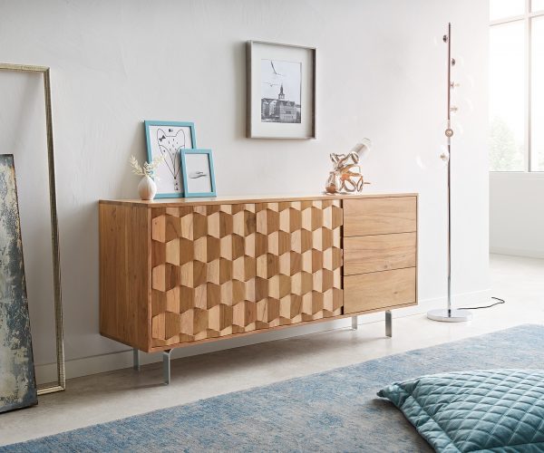 Komoda Fevo 145 cm akácie přírodní 2 dvířka 3 zásuvky podnož ve tvaru "L"