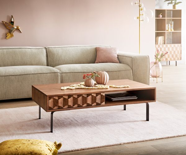 Konferenční stolek Fevo 115x60 cm hnědá akácie podnož "L" s přihrádkou