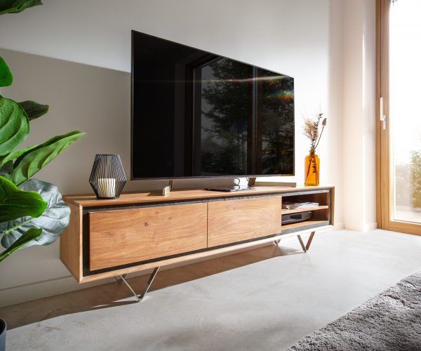 TV stolek Stonegrace 175 cm akácie přírodní 2 dvířka 2 přihrádky kamenina podnož ve tvaru "V"