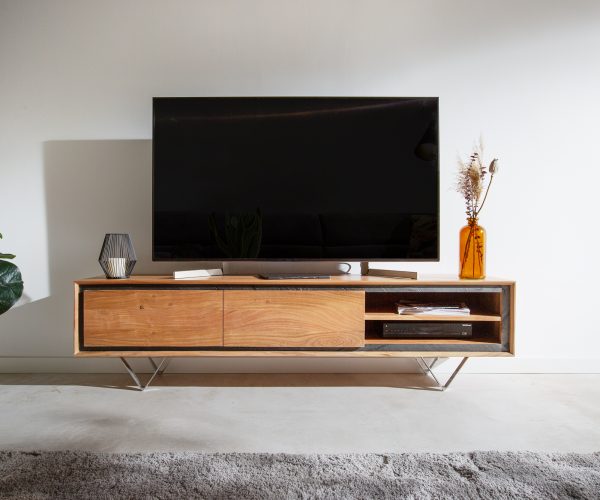 TV stolek Stonegrace 175 cm akácie přírodní 2 dvířka 2 přihrádky kamenina podnož ve tvaru "V" - Image 2