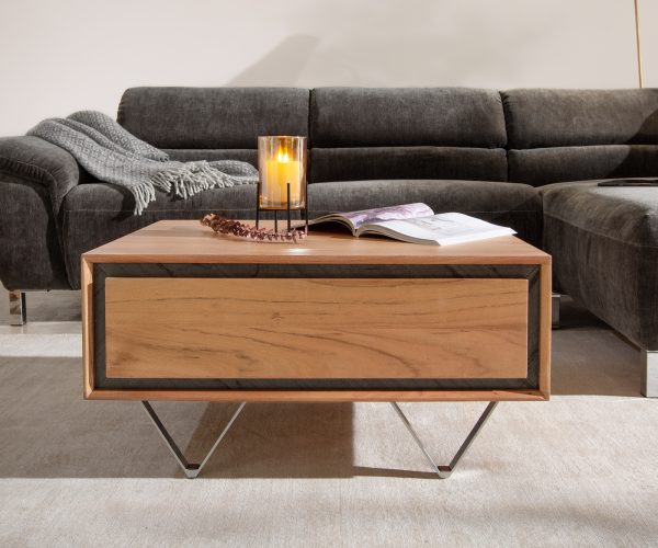 Konferenční stolek Stonegrace 80x60 přírodní akácie 2 šuplíky kamenná dýha podnož "V" - Image 2