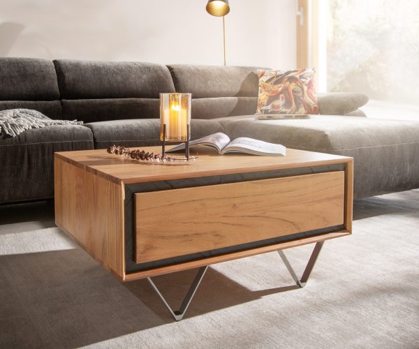 Konferenční stolek Stonegrace 80x60 přírodní akácie 2 šuplíky kamenná dýha podnož "V"