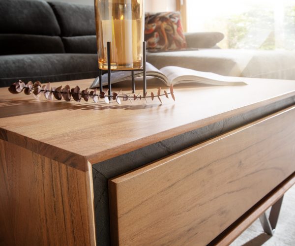Konferenční stolek Stonegrace 80x60 přírodní akácie 2 šuplíky kamenná dýha podnož "V" - Image 4