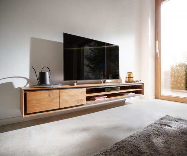 TV stolek Stonegrace 240 cm Akácie přírodní 2 dveře 4 přihrádky kamenná dýha plovoucí