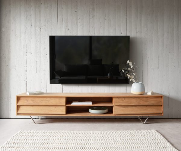 TV stolek Eloi 240x35 cm přírodní akácie 4 šuplíky podnož "V" nerezová ocel - Image 2