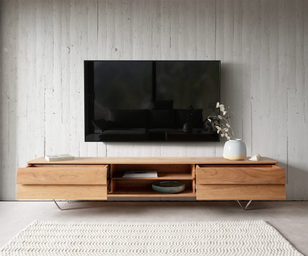 TV stolek Eloi 240x35 cm přírodní akácie 4 šuplíky podnož "V" nerezová ocel - Image 4