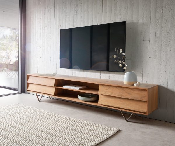 TV stolek Eloi 240x35 cm přírodní akácie 4 šuplíky podnož "V" nerezová ocel