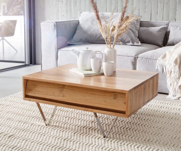Konferenční stolek Eloi 80x60 cm přírodní akácie 2 šuplíky podnož "V" nerezová ocel