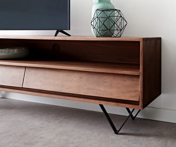 TV stolek Eloi 145x35 cm hnědá akácie 2 šuplíky podnož "V" černá - Image 6