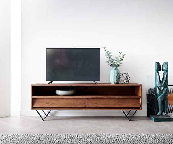 TV stolek Eloi 145x35 cm hnědá akácie 2 šuplíky podnož "V" černá - Image 2