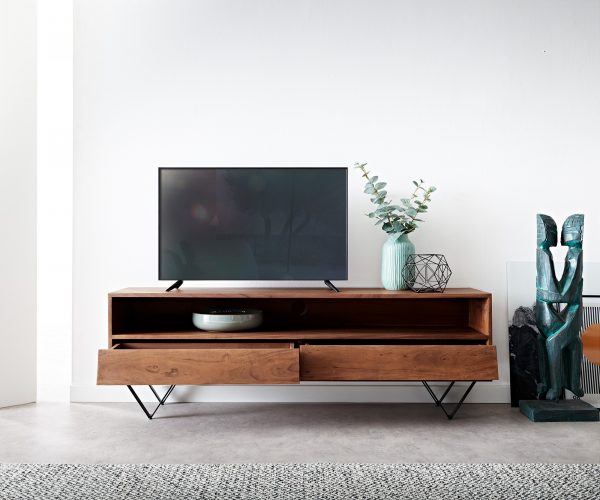 TV stolek Eloi 145x35 cm hnědá akácie 2 šuplíky podnož "V" černá - Image 4