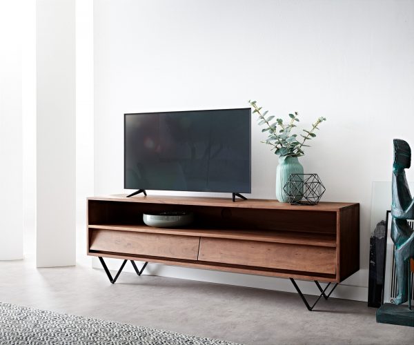 TV stolek Eloi 145x35 cm hnědá akácie 2 šuplíky podnož "V" černá