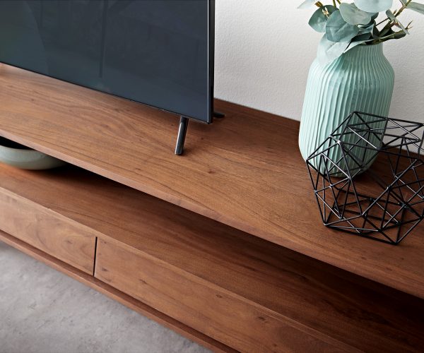 TV stolek Eloi 145x35 cm hnědá akácie 2 šuplíky podnož "V" černá - Image 5