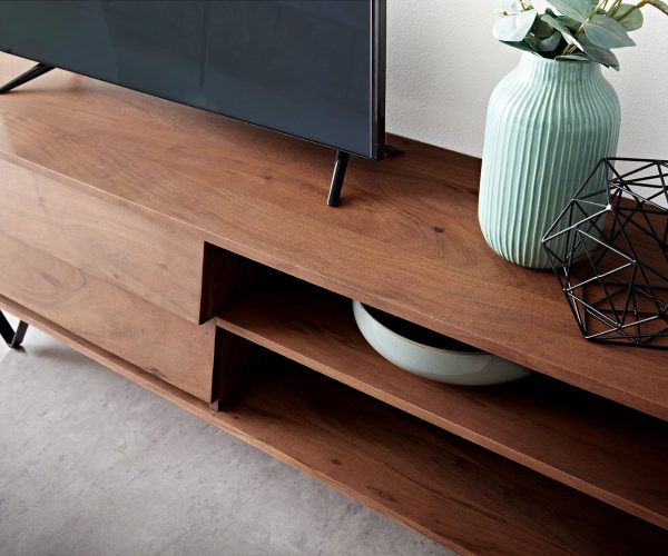 TV stolek Eloi 145x35 cm hnědá akácie 2 šuplíky 2 přihrádky podnož "V" černá - Image 5
