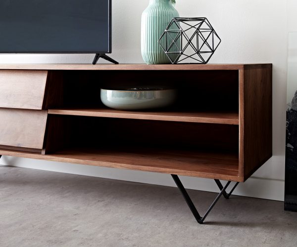 TV stolek Eloi 145x35 cm hnědá akácie 2 šuplíky 2 přihrádky podnož "V" černá - Image 6
