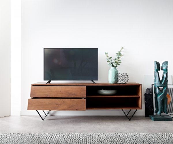 TV stolek Eloi 145x35 cm hnědá akácie 2 šuplíky 2 přihrádky podnož "V" černá - Image 4