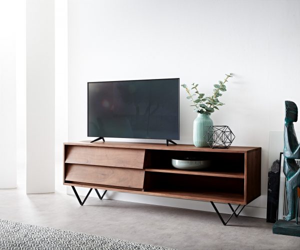 TV stolek Eloi 145x35 cm hnědá akácie 2 šuplíky 2 přihrádky podnož "V" černá