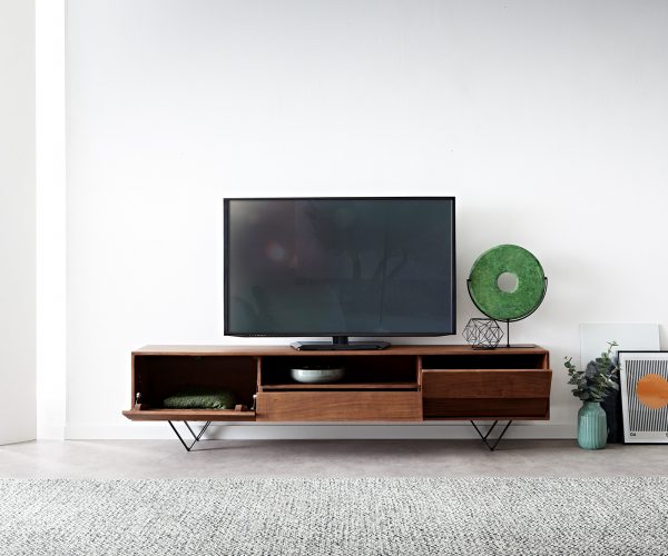TV stolek Eloi 200x35 cm akácie hnědá 2 dvířka 1 zásuvka podnož ve tvaru "V" černá - Image 4