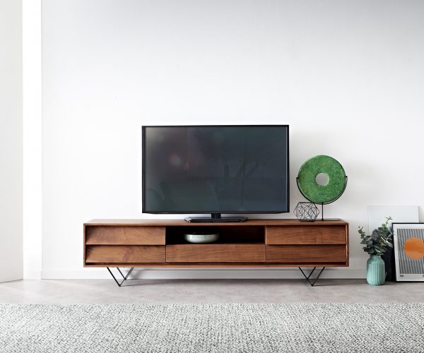 TV stolek Eloi 200x35 cm akácie hnědá 2 dvířka 1 zásuvka podnož ve tvaru "V" černá - Image 2