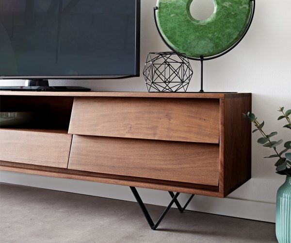 TV stolek Eloi 200x35 cm akácie hnědá 2 dvířka 1 zásuvka podnož ve tvaru "V" černá - Image 5