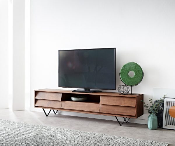 TV stolek Eloi 200x35 cm akácie hnědá 2 dvířka 1 zásuvka podnož ve tvaru "V" černá