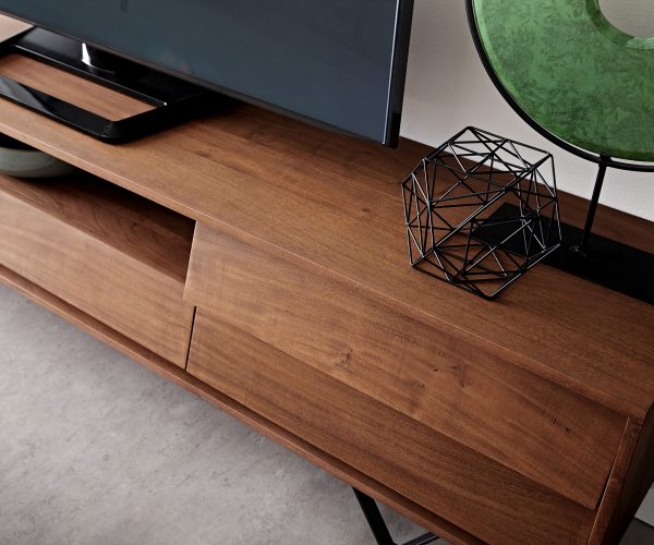 TV stolek Eloi 200x35 cm akácie hnědá 2 dvířka 1 zásuvka podnož ve tvaru "V" černá - Image 6
