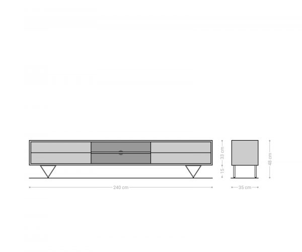 TV stolek Eloi 240x35 cm hnědá akácie 4 šuplíky podnož "V" černá - Image 7