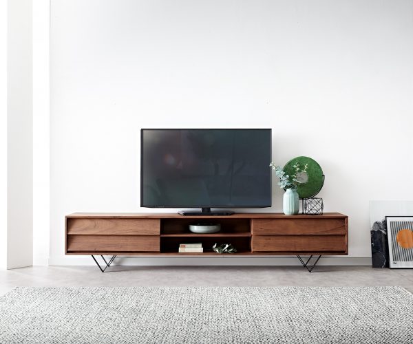 TV stolek Eloi 240x35 cm hnědá akácie 4 šuplíky podnož "V" černá - Image 2