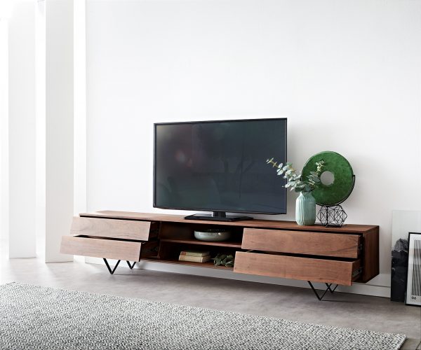 TV stolek Eloi 240x35 cm hnědá akácie 4 šuplíky podnož "V" černá - Image 4